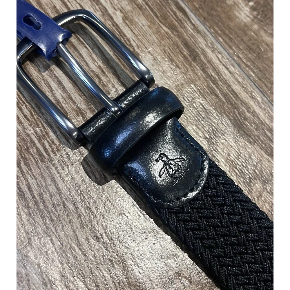Original Penguin Braided Stretch Belt Large 38-40 Black Genuine Leather Trim NWT
